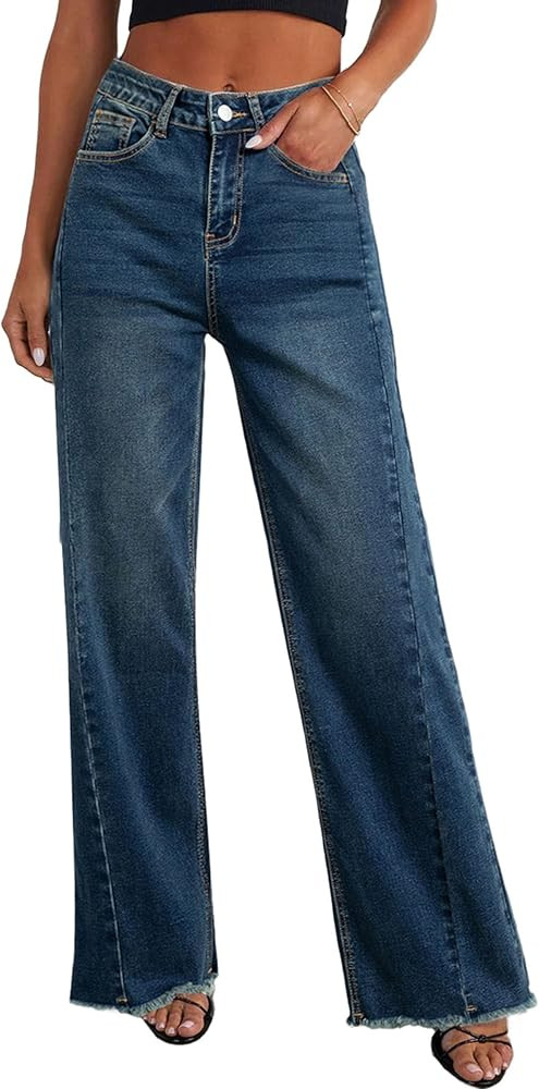 PRETTYGARDEN Wide Leg Jeans for Women Trendy 2025 High Waisted Stretchy Baggy Raw Hem Denim Palaz... | Amazon (US)