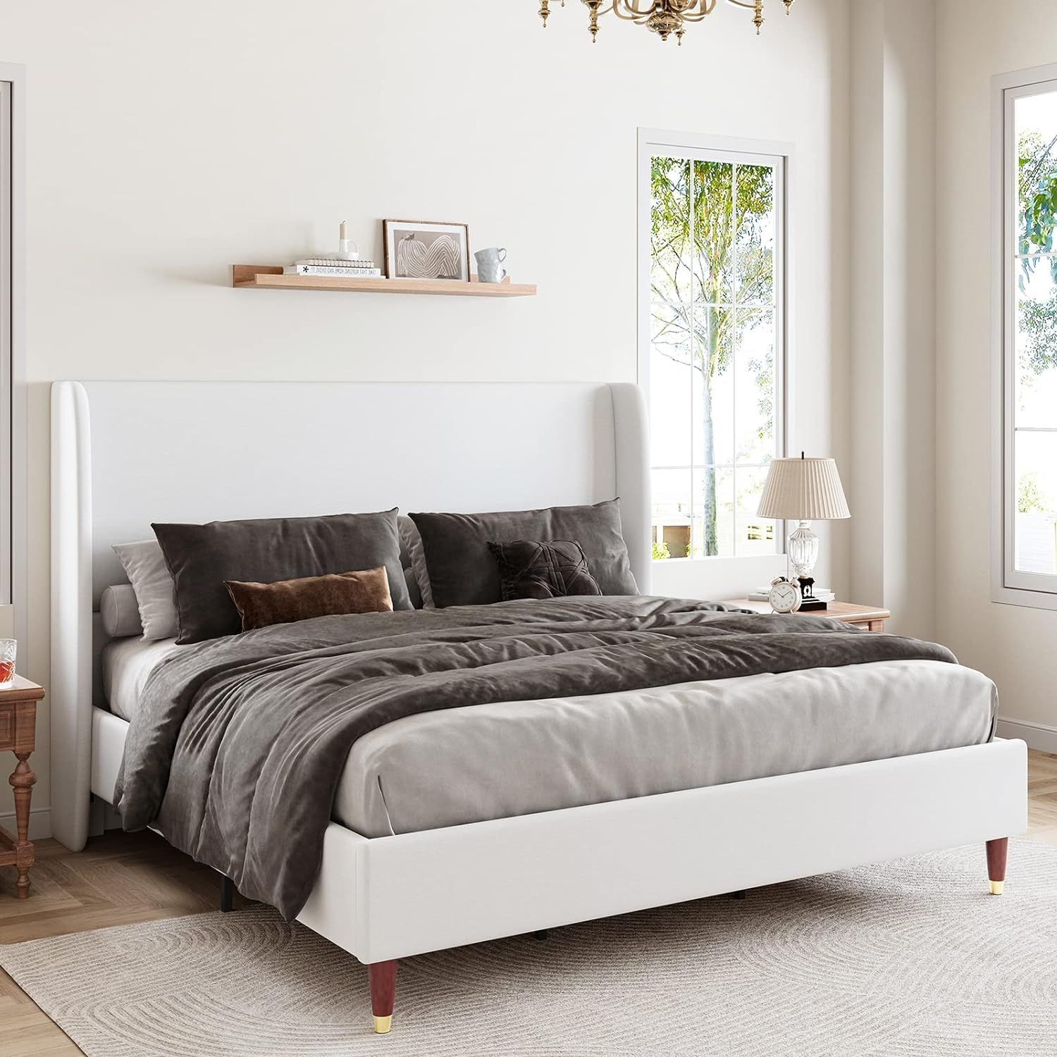 Jocisland King Size Bed Frame 51.2" High Linen Upholstered Platform Bed with Wingback Headboard/N... | Amazon (US)