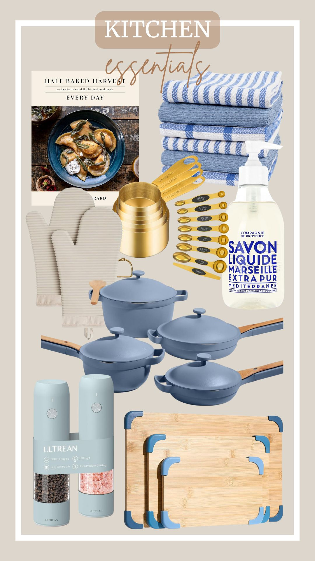 Functional pieces that keep your kitchen running smoothly. Explore more.
cookbook, blue kitchen towels, gold magnetic measuring spoons and cups, blue Our Place cookware set, rechargeable salt and pepper grinder, non-slip cutting board set, liquid soap, KitchenAid ribbed silicone oven mitt. 

 #LTKHome