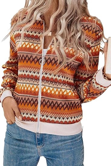 Women's Orange Boho Striped Zip Up Long Sleeve Jacket - Stylish and Versatile Outerwear | Amazon (US)