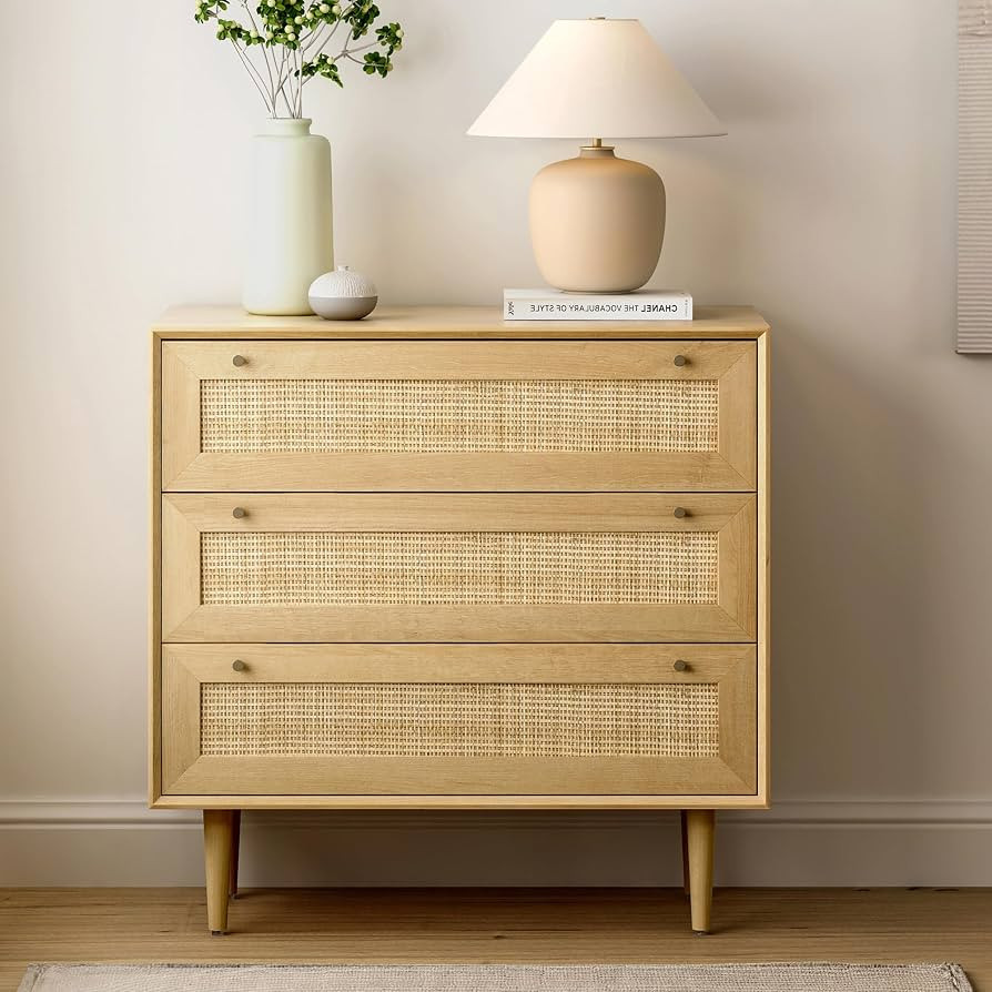 Rattan 3 Drawer Dresser, Modern Chest of Drawers with Storage Boho Closet Dresser Wood Storage Or... | Amazon (US)