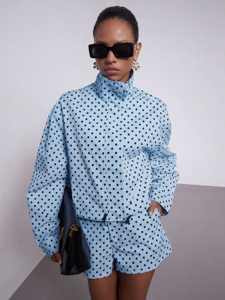 Polka Dot Collar Bomber Jacket & Shorts | SHEIN