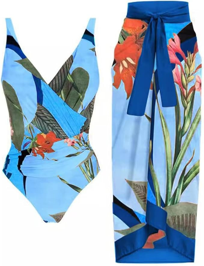 IDOPIP Women's One Piece Swimsuit with Beach Cover up Wrap Skirt Sarong Retro Floral Print Bikini... | Amazon (US)