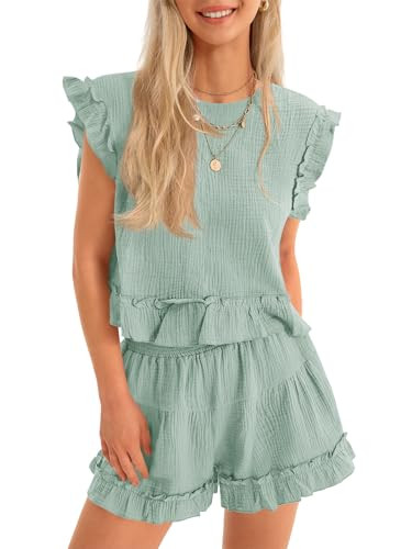 Amazon.com: Cicy Bell Womens Summer 2 Piece Sets Ruffle Cap Sleeve Crewneck Cropped Tops Elastic ... | Amazon (US)