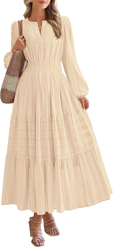 BTFBM Spring Dresses for Women 2026 Casual Long Sleeve V Neck Elastic Waist Lightweight Maxi Wedd... | Amazon (US)