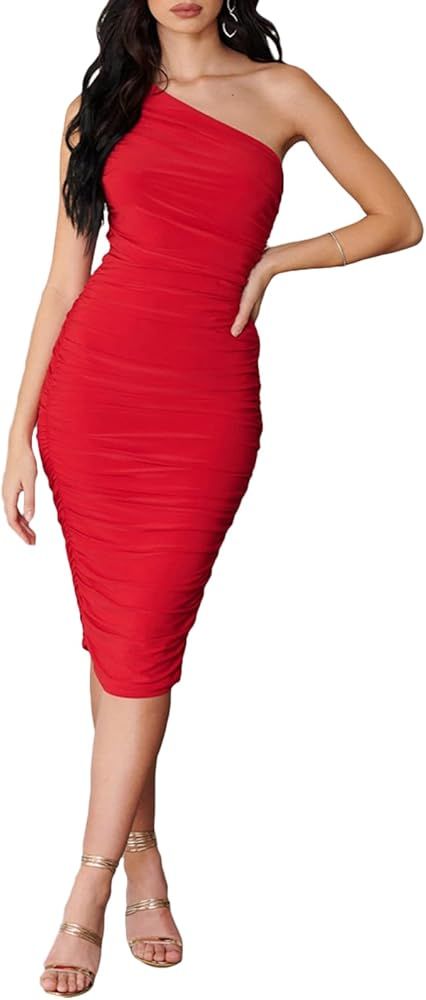 GEMEIQ Women’s Ruched One Shoulder Bodycon Midi Dress Sexy Sleeveless Cocktail Party Pencil Dresses | Amazon (US)