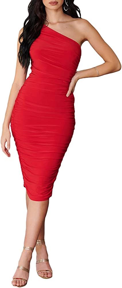 GEMEIQ Women’s Ruched One Shoulder Bodycon Midi Dress Sexy Sleeveless Cocktail Party Pencil Dresses | Amazon (US)