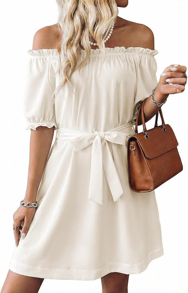 EVALESS Womens Spring Summer Dresses 2026 Casual Off The Shoulder Ruffle Short Sleeve Fashion Bea... | Amazon (US)