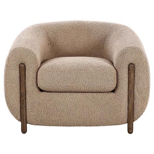 Riley Mid Century Modern Light Brown Upholstered Wood Barrel Chair | Kathy Kuo Home