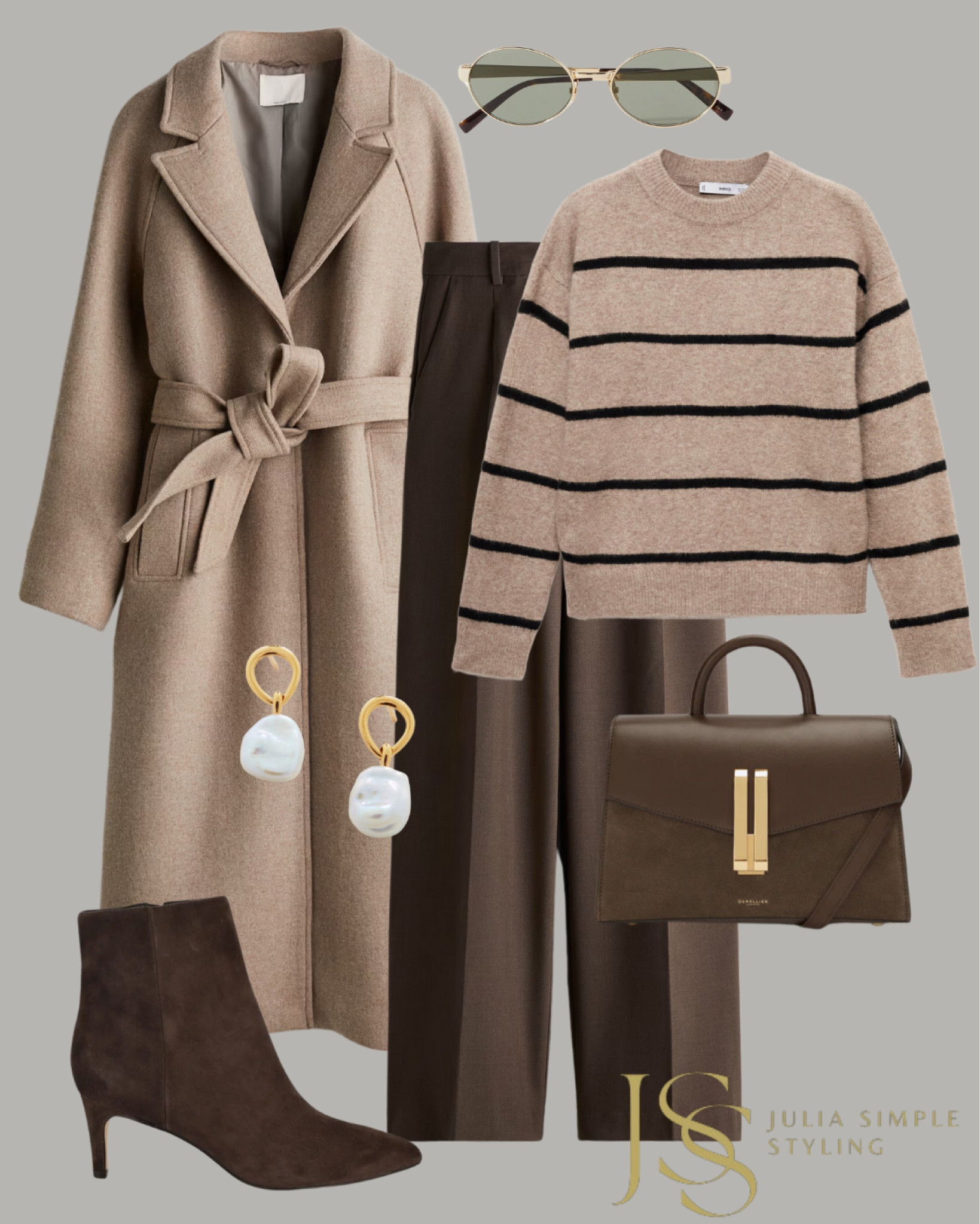 Striped neutral sweater, neutral belted coat, brown trousers, brown boots 

#LTKStyleTip #LTKShoeCrush #LTKSaleAlert