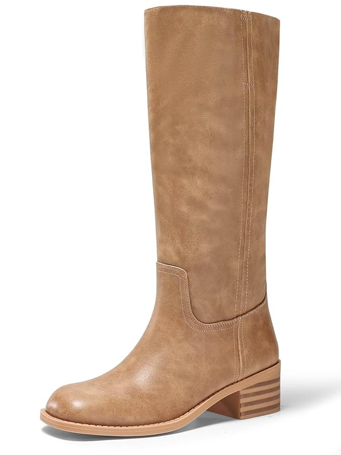 Coutgo Women's Knee High Boots Square Toe Chunky Block Heel Tall Boots Comfortable Low Heel Shoes | Amazon (US)