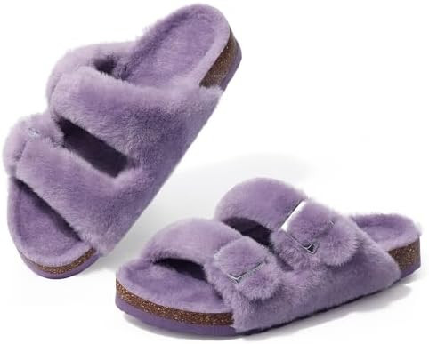 KIDMI Fuzzy Slippers Women with Cork Footbed Fluffy Slides Open Toe Indoor House Shoes | Arch Sup... | Amazon (US)