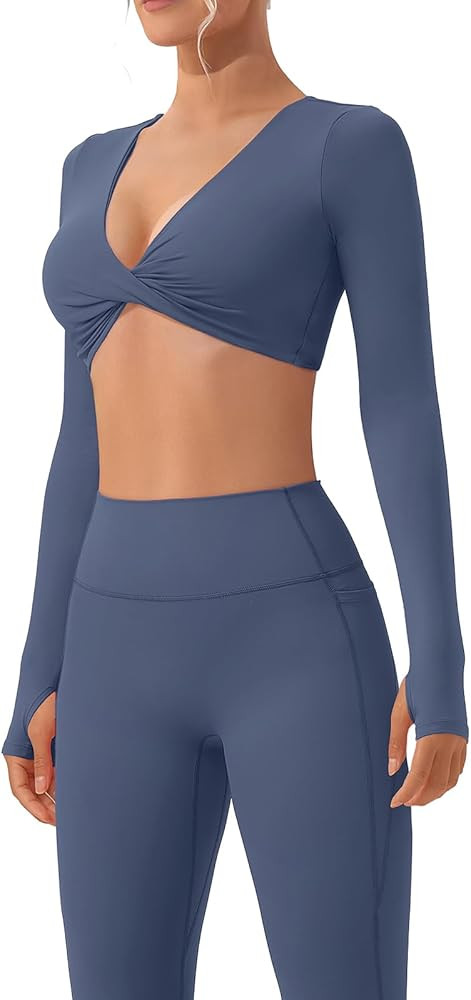 SUUKSESS Women 2 Piece Workout Sets Long Sleeve Twist Deep V Crop Padded Tops Yoga Leggings with ... | Amazon (US)