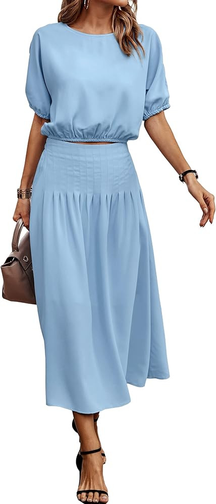 ECOWISH Women's Dresses 2023 Two Piece Outfits for Women Summer 2 Piece Dress Pleated Midi Skirt ... | Amazon (US)