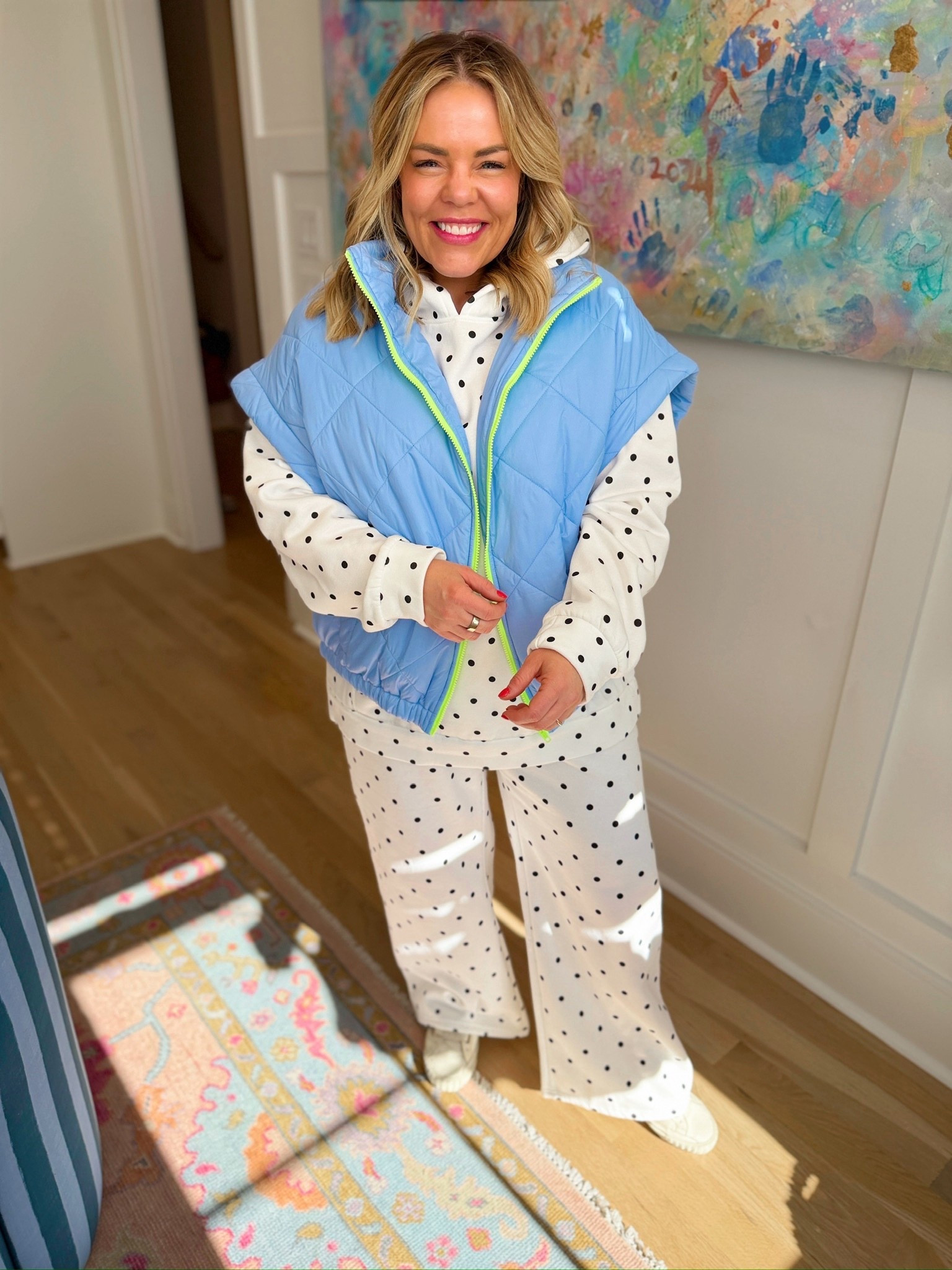 blue puffer vest, polka dot set, colorful layering, everyday cozy look, women’s fashion, trendy outfit, loungewear set, ootd 

#LTKootd #LTKSeasonal