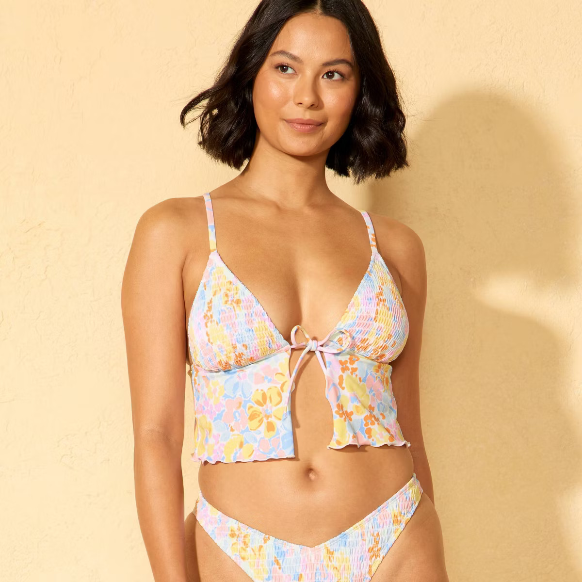 Women's Smocked Tie-Front Fly Away Floral Print Tankini Top - Wild Fable™ Pink/Yellow/Blue | Target