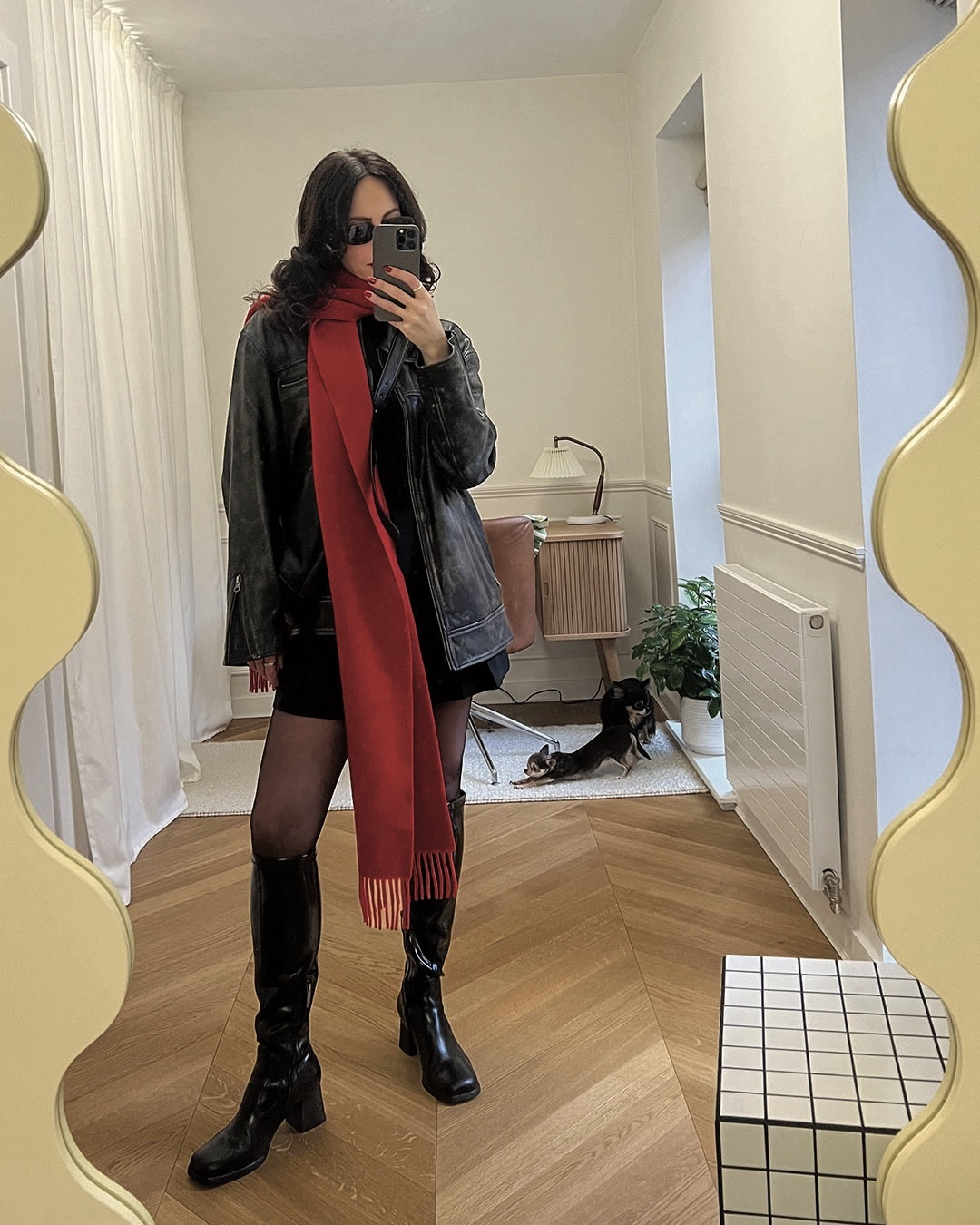 oversized leather jacket, pleated skirt, black bodysuit, red lip stain, sunglasses, black knee high boots, wolford tights, silver hoops, crossbody bag, red scarf, aligne, anthropologie, cos, wolford, selfridges, boots, chanel beauty, le specs, net-a-porter, shoe the bear, oliver bonas, astrid & miyu, h&m, john lewis 

discounts: 
leather jacket: anthropologie 25% off
pleated skirt: cos 25% off
wolford bodysuit via john lewis: 20% off 
silver hoops: astrid & miyu 25% off

#LTKstyletip #LTKSeasonal #LTKCyberSaleUK