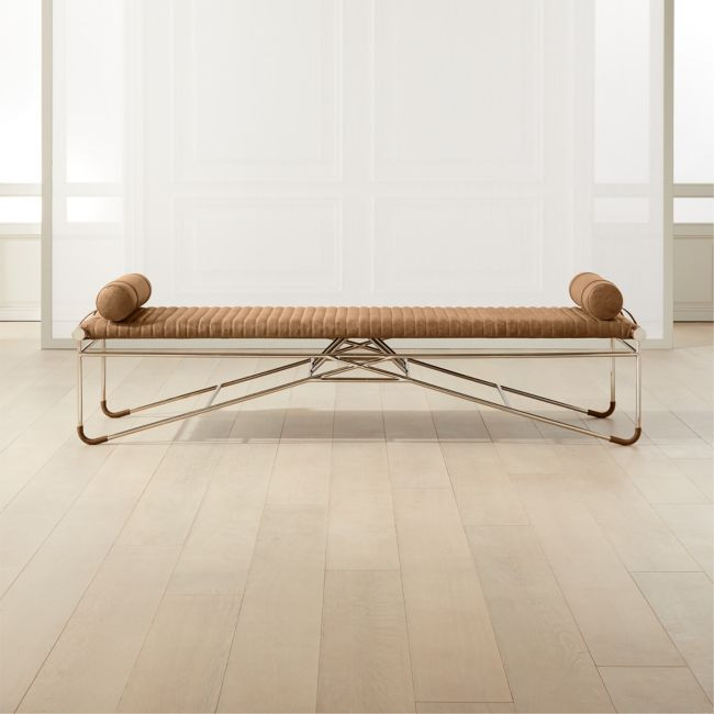 La Strizza 75"" Saddle Leather Bench with Bolster Pillows by goop | CB2