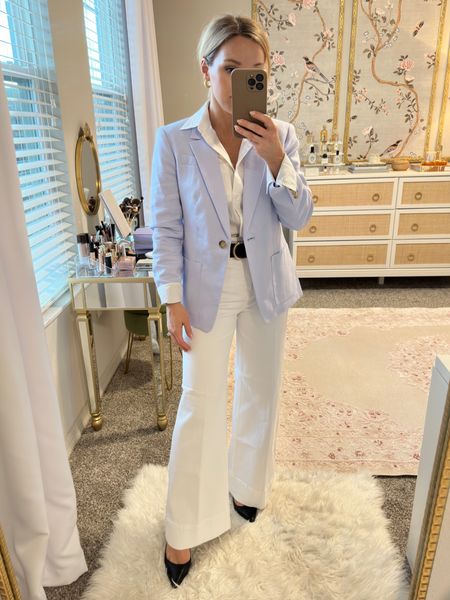J.Crew linen blazer with white wide leg denim / full details in my new YouTube haul video // pants are size 25 petite (slightly see through, so will be returning to exchange for the chambray), blazer size 2 petite, button-up size 2P 

#LTKover40 #LTKworkwear #LTKMostLoved