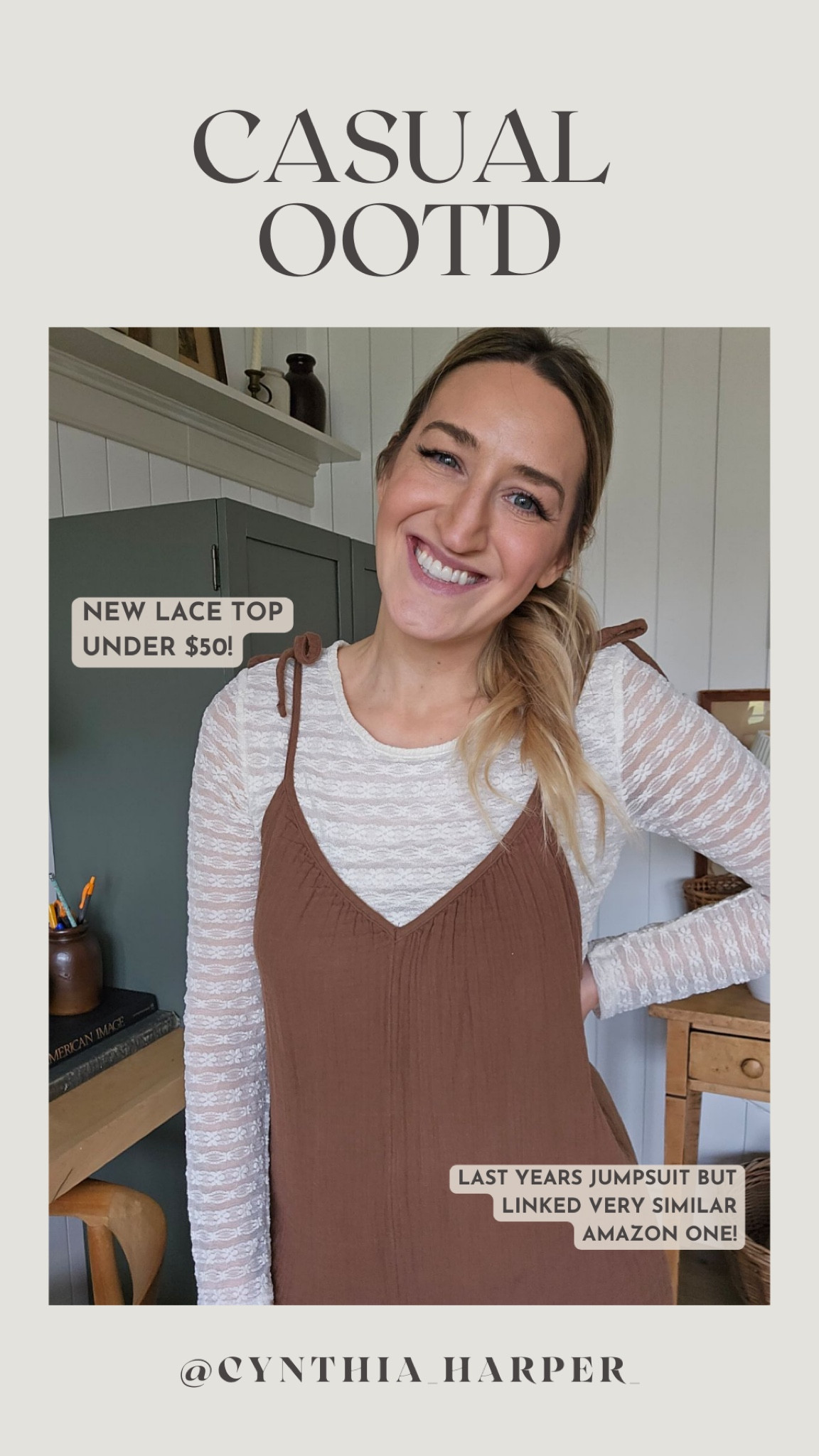 Casual OOTD! Cutest new lace long sleeve tshirt. Perfect for layering! 

Got this jumpsuit last year from Old Navy but found a similar one on Amazon! 