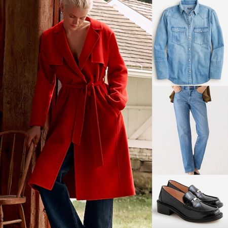 Trench coat, red, winter coat, denim, jean shirt, button up, loafers, ootd, weekend, date, casual 

#LTKsalealert #LTKSeasonal #LTKHoliday