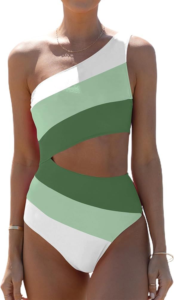 Hilinker Cut Out One Piece Bathing Suit for Women Color Block One Shoulder Swimsuit | Amazon (US)