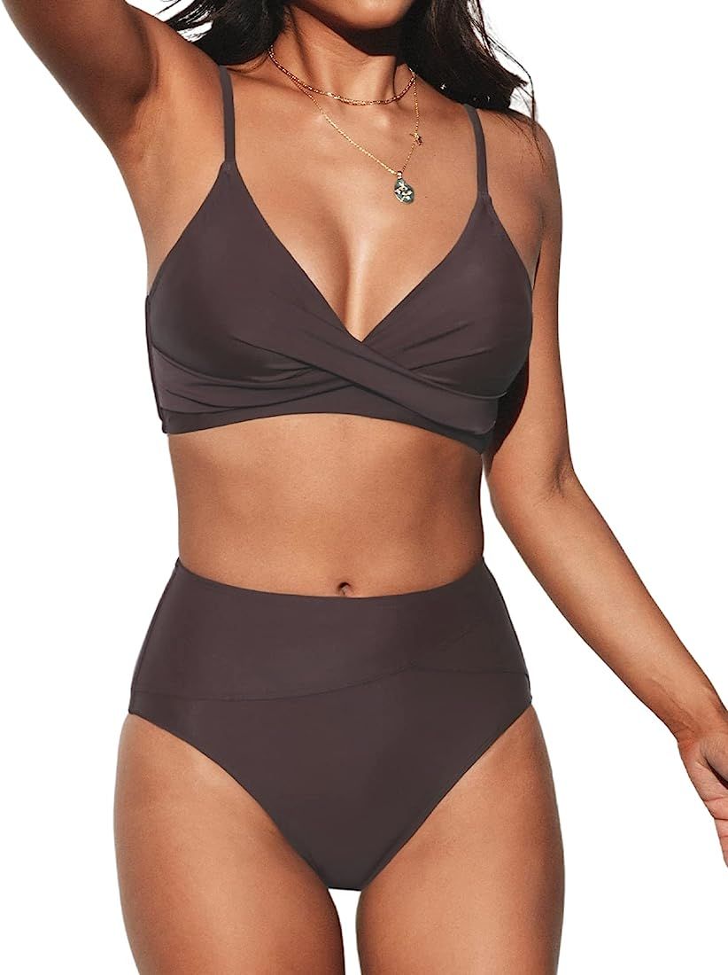 CUPSHE Women's Bikini Sets Two Piece Swimsuit High Waisted V Neck Twist Front Adjustable Spaghetti S | Amazon (US)