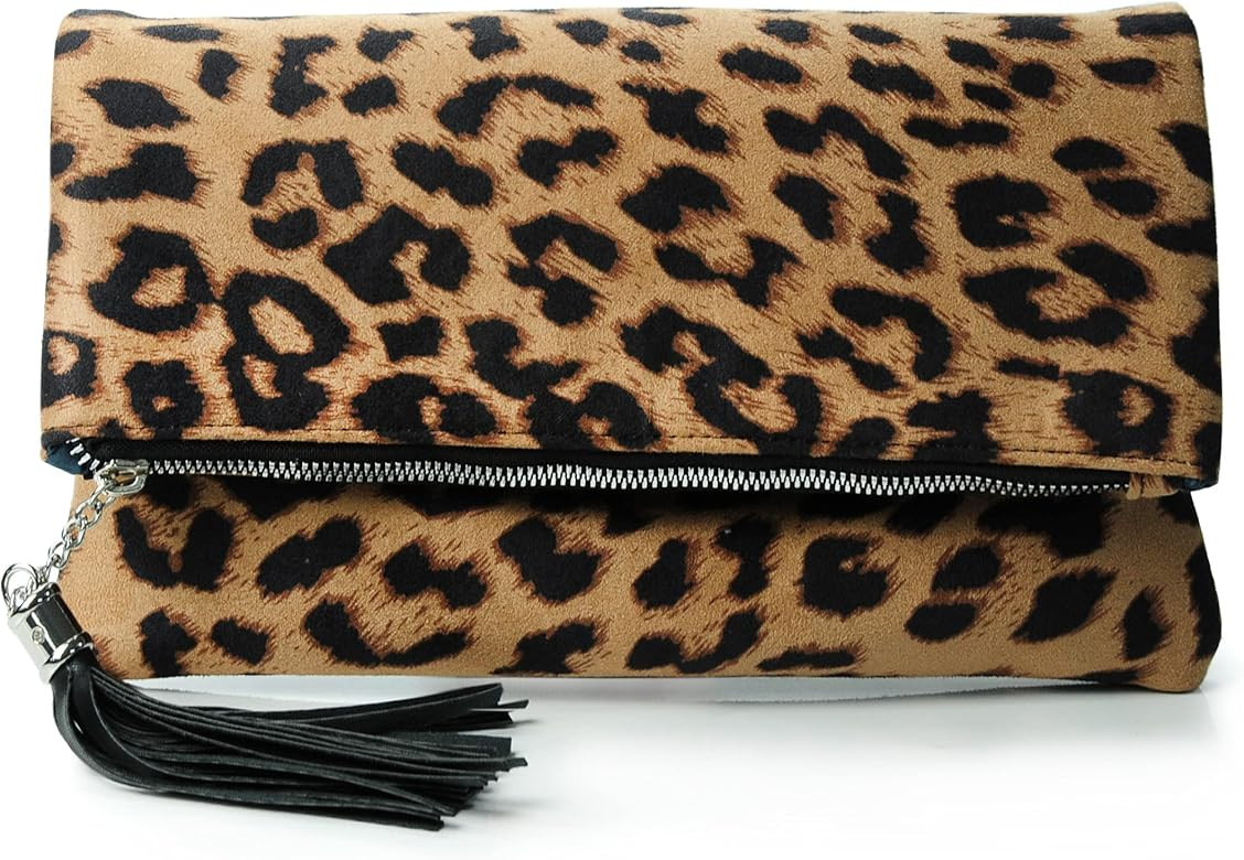 Leopard Zipper Foldover Clutch Envelope Purse Women Cross body Bag with Chain Strap | Amazon (US)