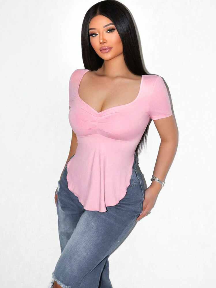 BamGleam Spring And Summer New Pure Lust Chest Pleated Square Collar Short-Sleeved T-Shirt Sexy Comfortable Asymmetrical Hem Slim Women's Top | SHEIN
