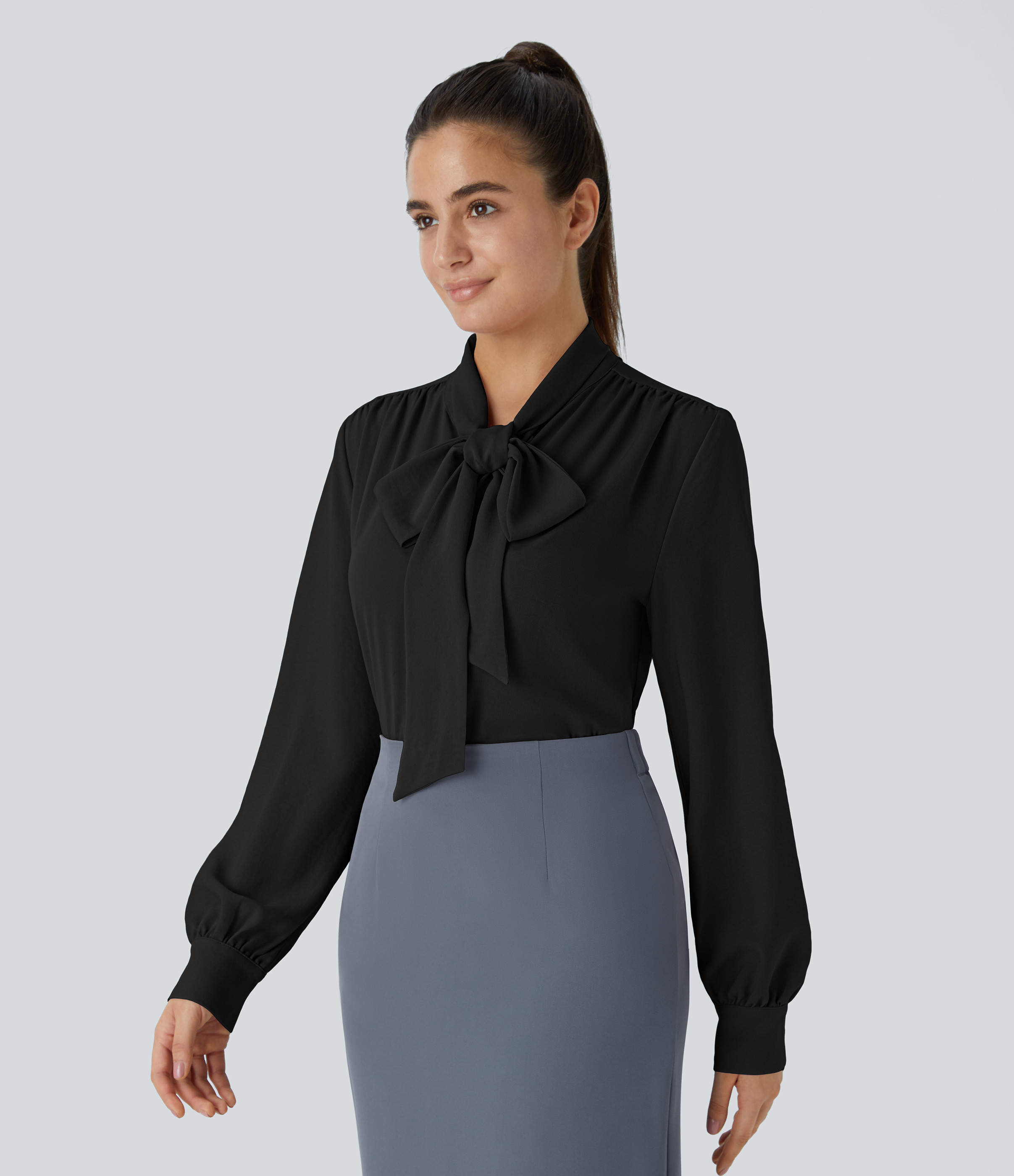 Halara Tie Neck Long Sleeve Work Blouse - Black - S | HALARA