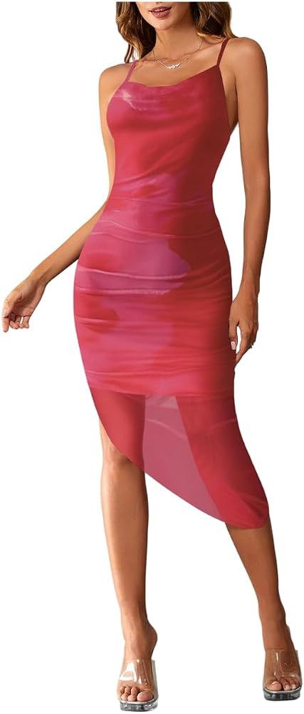 SOLY HUX Women's Tie Dye Cowl Neck Split Hem Bodycon Cami Dress Backless Long Dresses | Amazon (US)