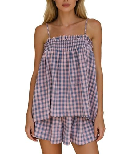 ROAONOCOMO Women Gingham 2 Piece Pajama Set Flowy Peplum Babydoll Cami Top Wide Leg Shorts Sets Summer Lounge Outfit Purple | Amazon (US)