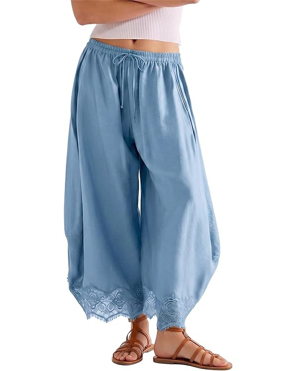SeeLuNa Comfy Women's Pants Cropped Lace Hem Pants Summer Boho Drawstring High Rise Wide Leg Loun... | Amazon (US)
