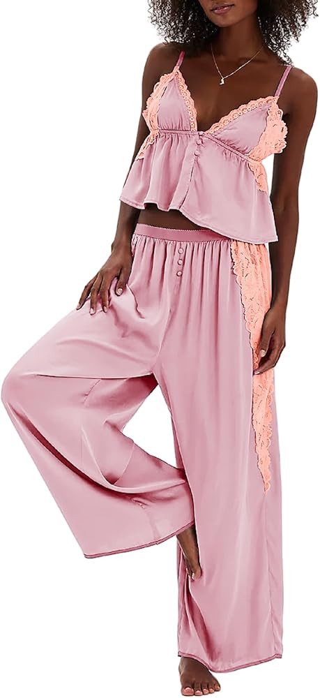 Aonoapll Women Satin Silk Pajama Set Lace Ruffle Cami Top and Pants Lounge Set 2 Piece Silky Pjs ... | Amazon (US)