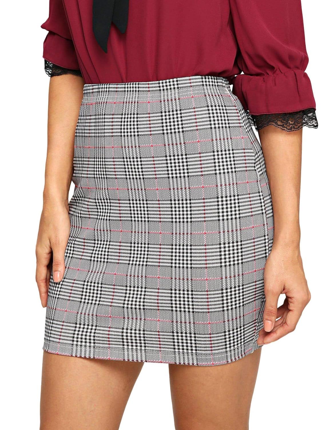 SheIn Women's Basic Stretch Plaid Mini Bodycon Pencil Skirt | Amazon (US)