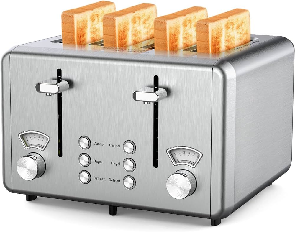WHALL Toaster 4 Slice Stainless Steel,Toaster-6 Bread Shade Settings,Bagel/Defrost/Cancel Functio... | Amazon (US)