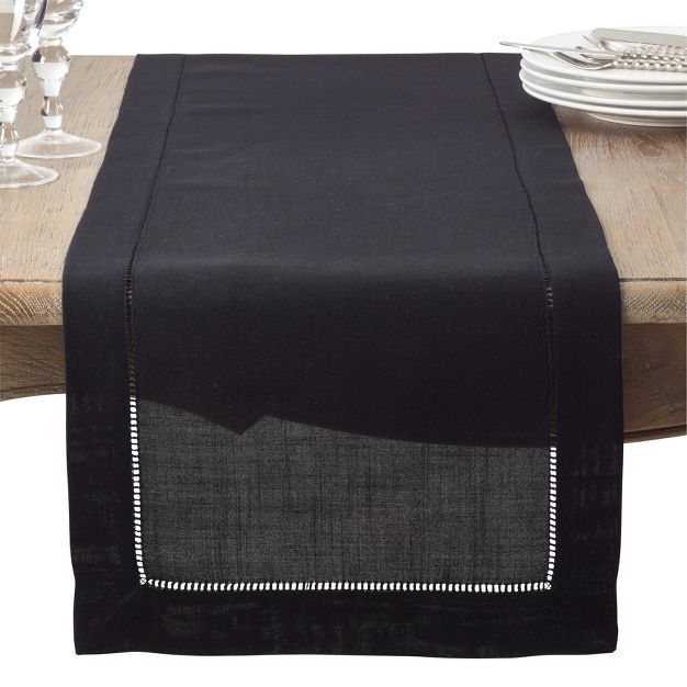 16"x72" Hemstitch Design Table Runner Black - Saro Lifestyle | Target