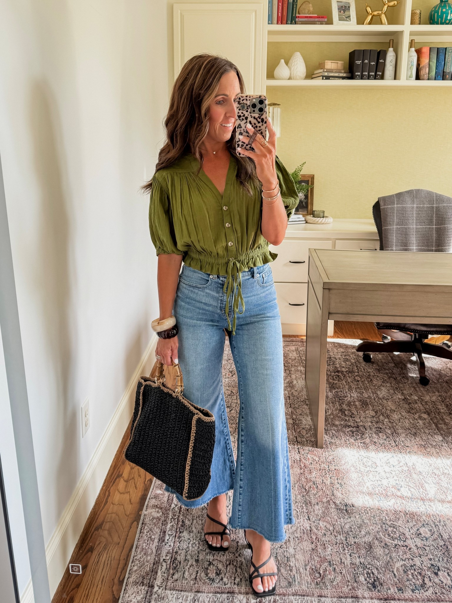 Summer blouse. Straw tote. Free People. 
Top S (could’ve done XS). Jeans TTS, 25

#LTKSeasonal #LTKItBag #LTKOver40