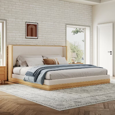 Queen Size Upholstered Platform Bed Frame with Headboard, Beige&Natural - ModernLuxe | Target