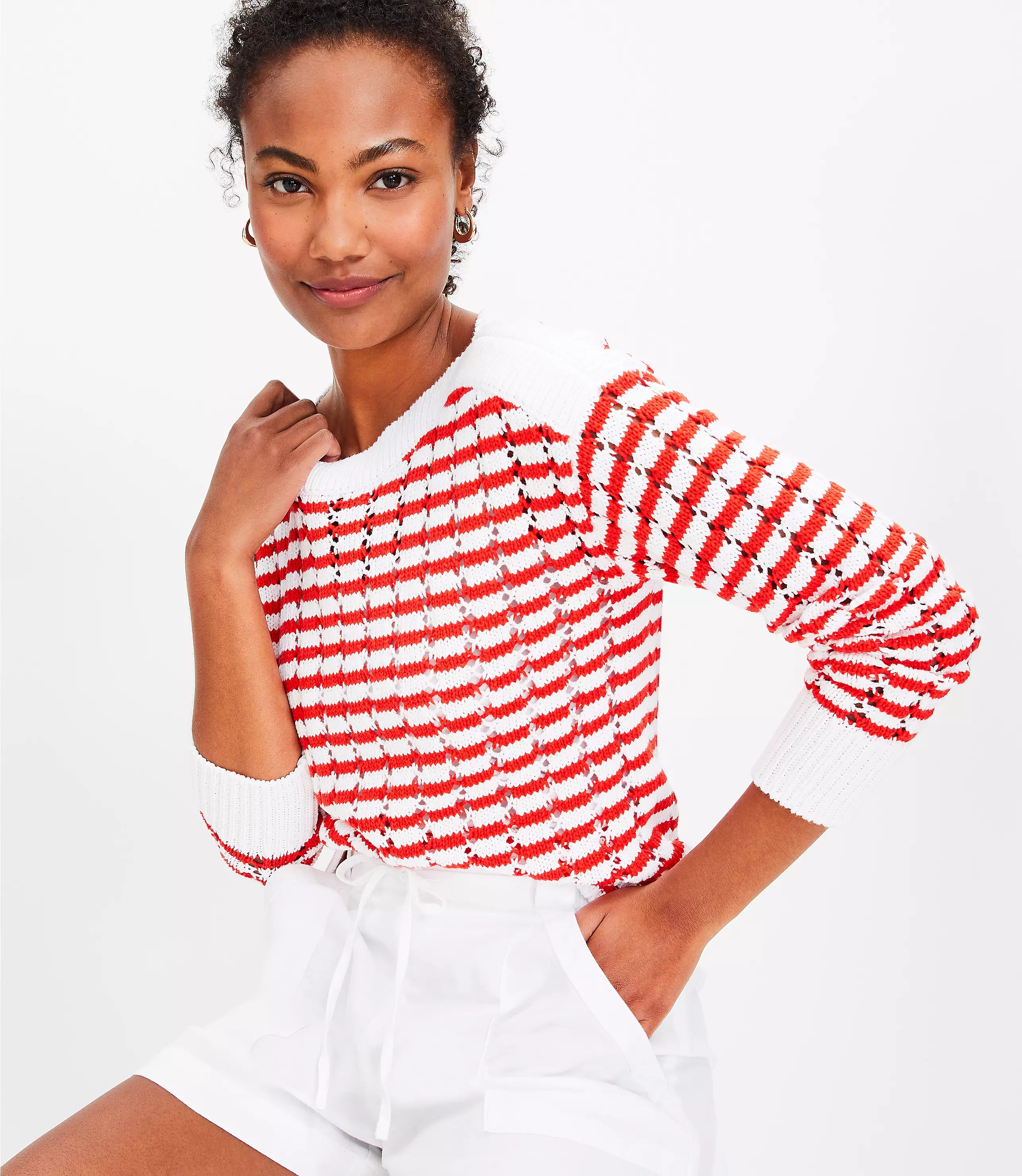 Stripe Mesh Stitch Boatneck Sweater | LOFT