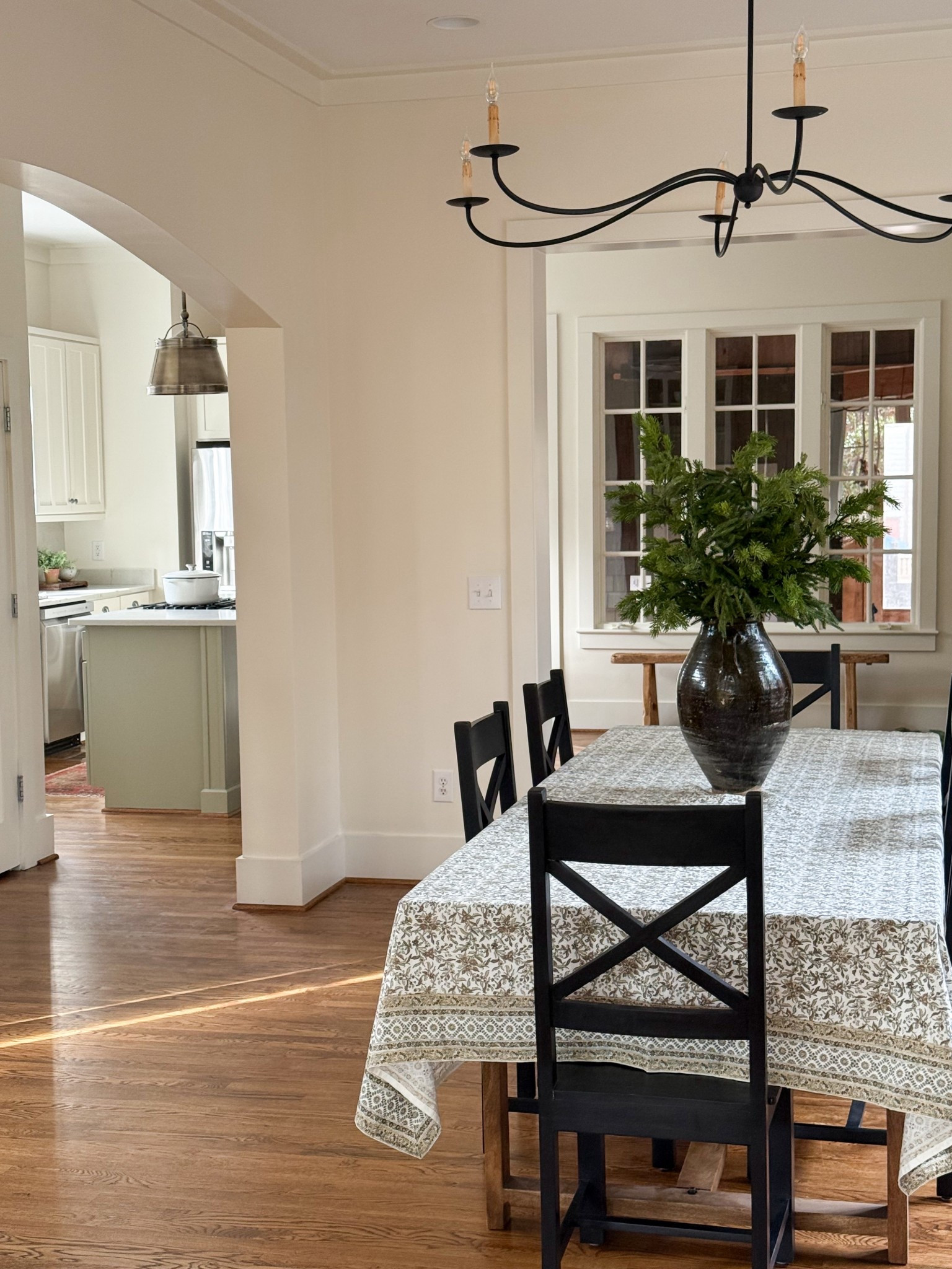 Dining table, dining room, tablecloth, block print table cloth, dining room chandelier, Norfolk pine branch, kitchen 

#LTKSeasonal #LTKHome #LTKSaleAlert