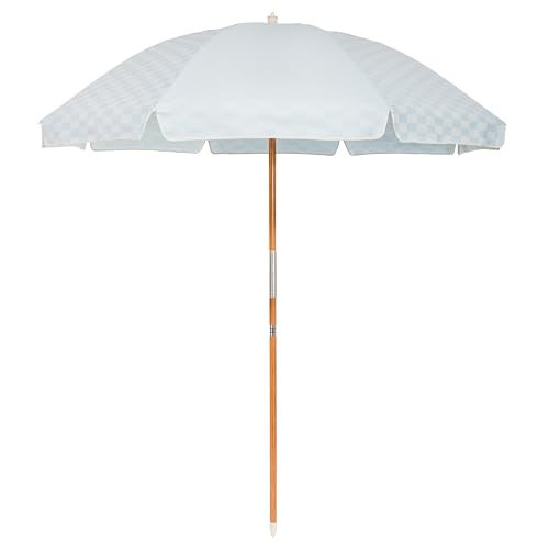 Business & Pleasure Co. Rio Umbrella Scalloped Brim For Beach, Patio or Picnic - 6' Boho Beach Umbrella, 7' Tall Wood Pole, UPF 50+, Vintage Blue Checker | Amazon (US)