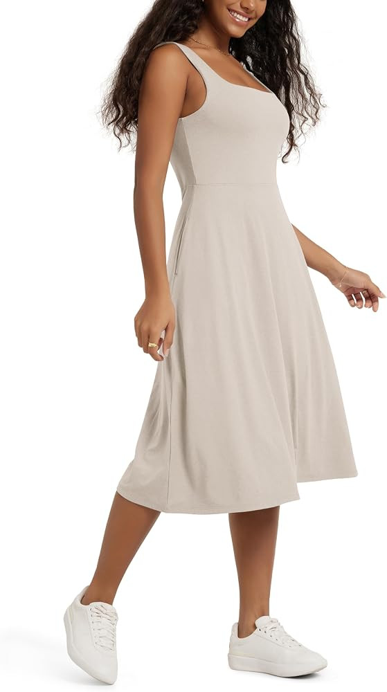 ODODOS Square Neck Midi Dress with Pockets for Women Summer Casual Sleeveless Sundress Flare Tank... | Amazon (US)
