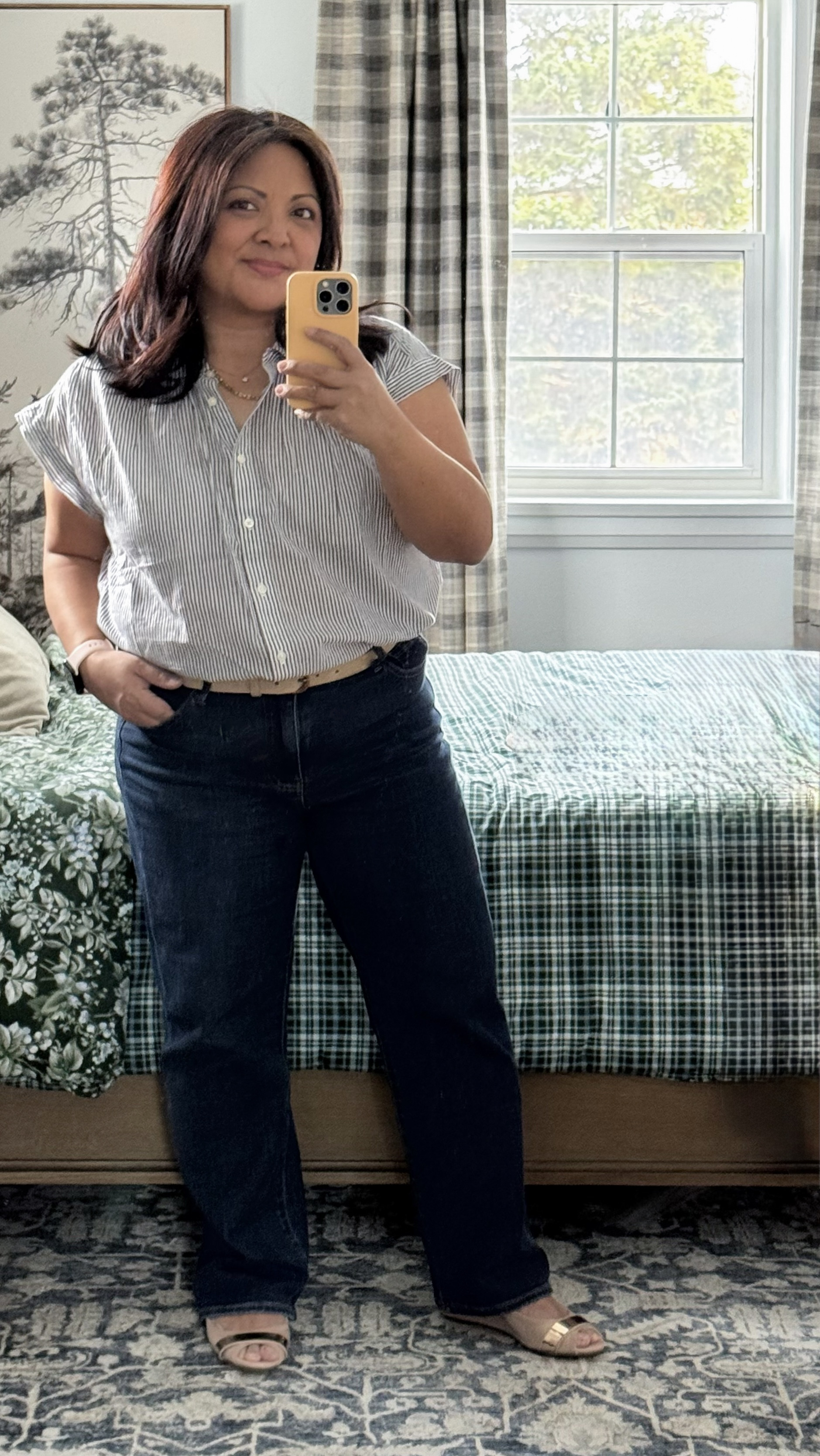 Petite jeans outfit, women over 40, striped button up shirt, stretch jeans, spring outfit, work outfit 

 #LTKjeans #LTKover50style #LTKpetite