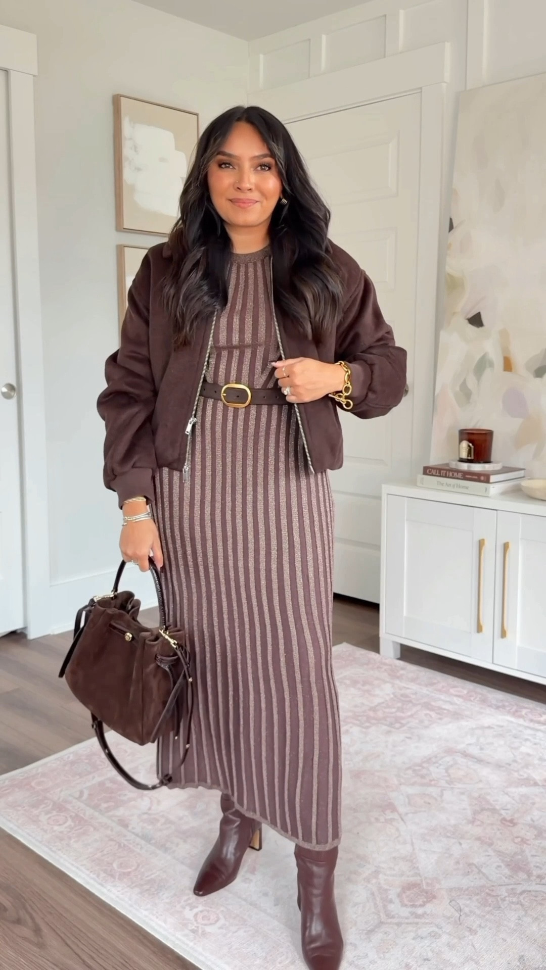 Brown shimmer ribbed maxi dress size xs petite TTS
Dark coffee brown bubble hem coat size xxs regular TTS
Brown spiced pecan boots size 5.5 TTS
Dark brown belt size 27-31” 



#LTKSaleAlert #LTKPetite #LTKStyleTip