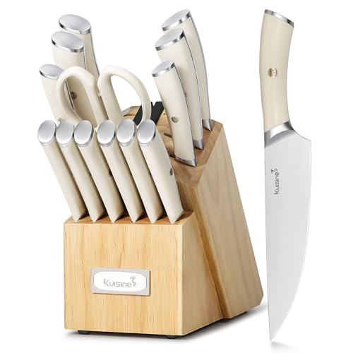 Kuisine Kitchen Chef's Knife Set Block Utensils Set,High Carbon Stainless Steel Razor-Sharp Blade Ergonomic Handle, Kitchen Knife Block Set with Built-in Sharpener,Elegant Gift(Ivory,15pcs） | Amazon (US)