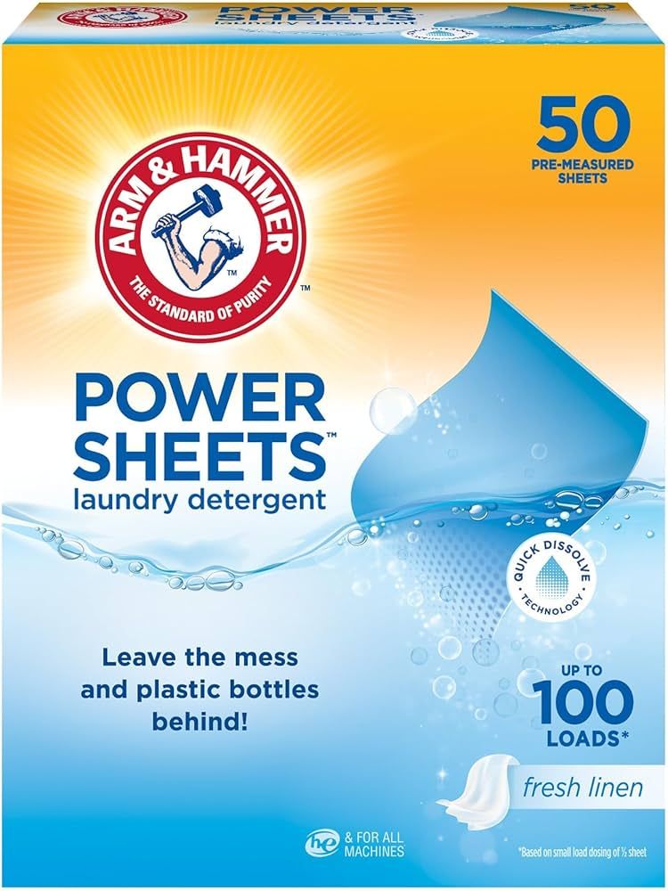 Arm & Hammer Power Sheets Laundry Detergent, Fresh Linen 50ct, up to 100 Small Loads (Packaging m... | Amazon (US)