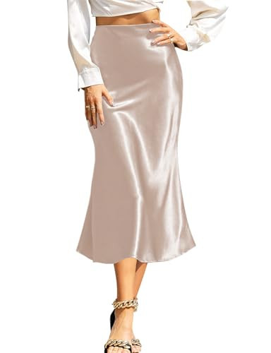 Satin Skirts for Women Trendy, High Waisted Womens Skirts Midi Long Length, Elegant Zipper Flared Elastic A-line Silk Skirts (Medium, Cracker Khaki) | Amazon (US)