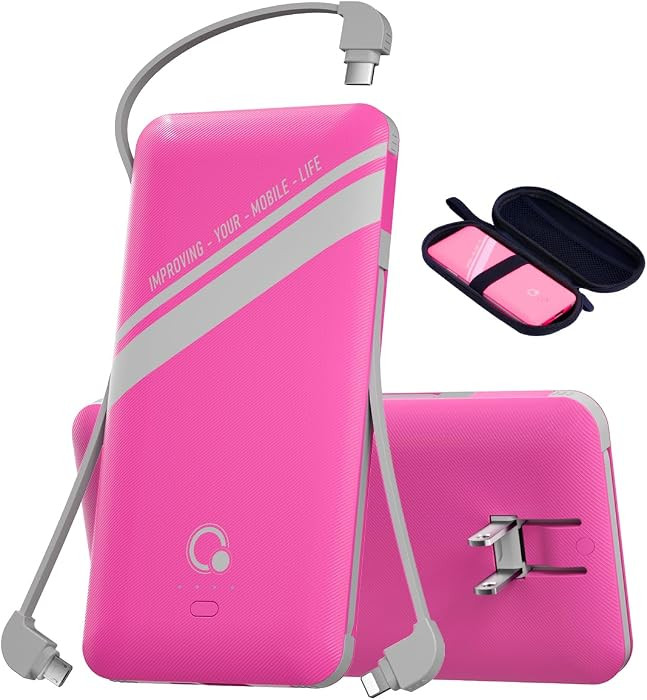 10000mAh Power Bank, Q Slim Portable Charger,4 Output External Battery Pack with Built-in AC Wall Plug Micro USB C Three Cables Compatible with All Kinds of mobilephone (Pink) | Amazon (US)