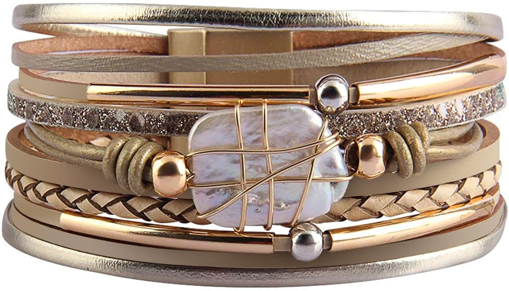 Fesciory Leopard Bracelet for Women, Boho Leather Wrap Multi-Layer Pearl Crystal Bracelet Bangle ... | Amazon (US)